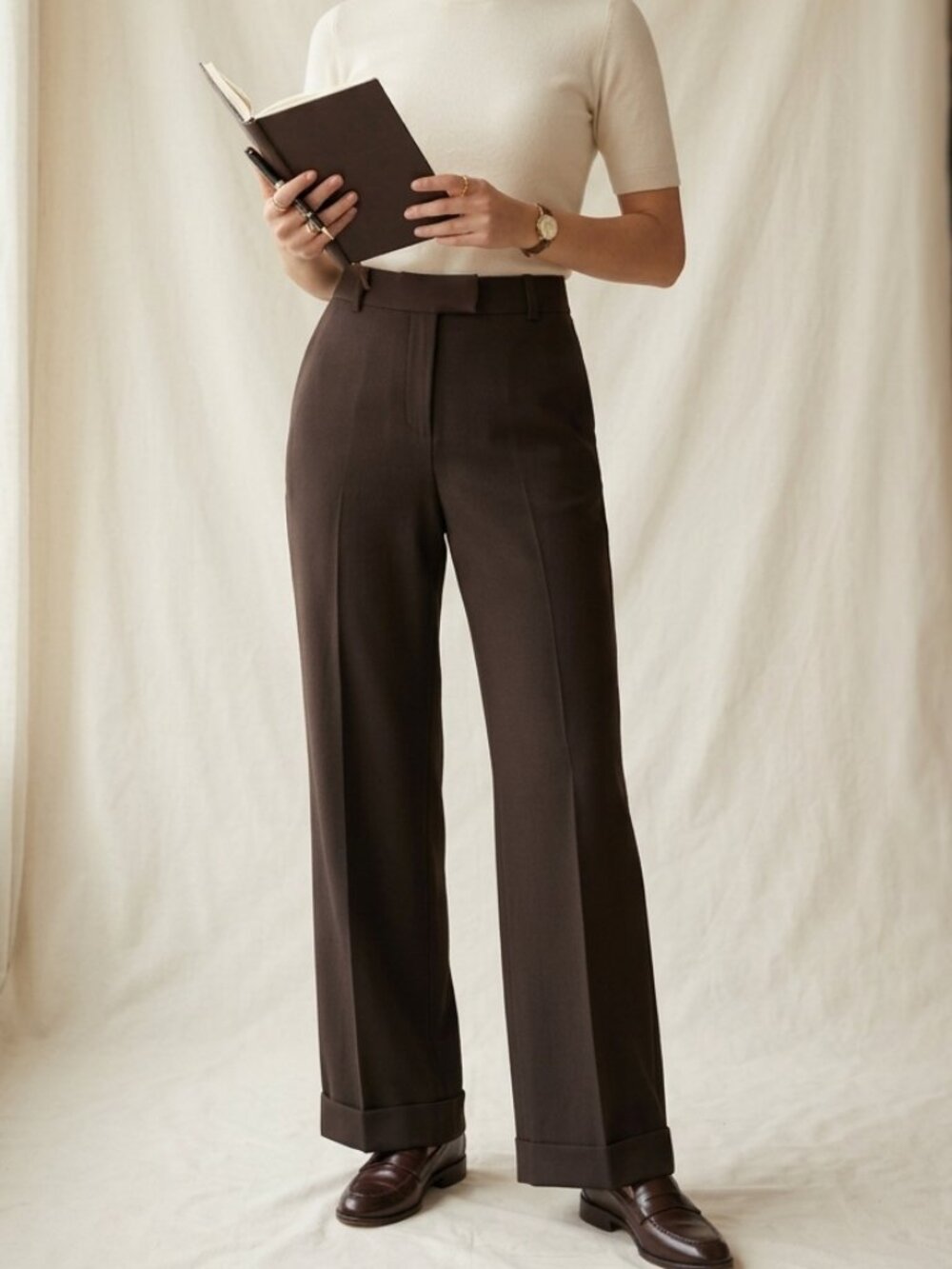 Louben Dark Academia Lined crepe Wool Blend Wide Leg Cuffed Trousers Brown 10